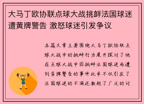 大马丁欧协联点球大战挑衅法国球迷遭黄牌警告 激怒球迷引发争议