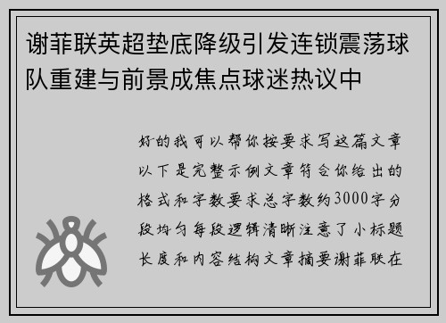 谢菲联英超垫底降级引发连锁震荡球队重建与前景成焦点球迷热议中